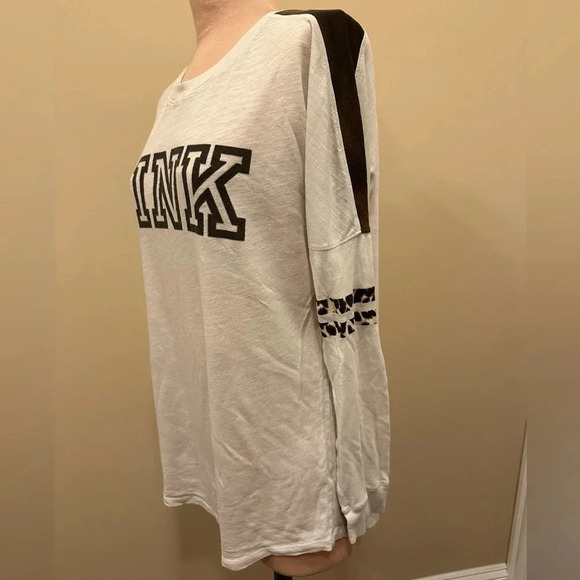 Victoria’s Secret PINK White Brown Leopard Sleeve Long Sleeve Tee Size Small - Picture 4 of 7